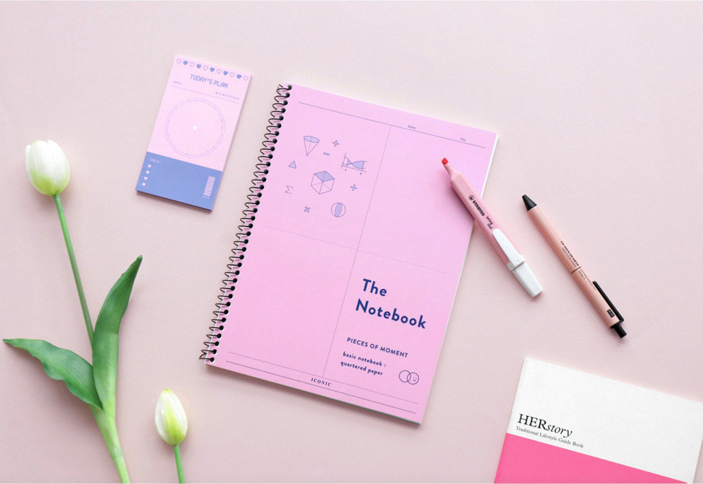 dalgaru Korean aesthetic simple spiral math grid notebook set pink