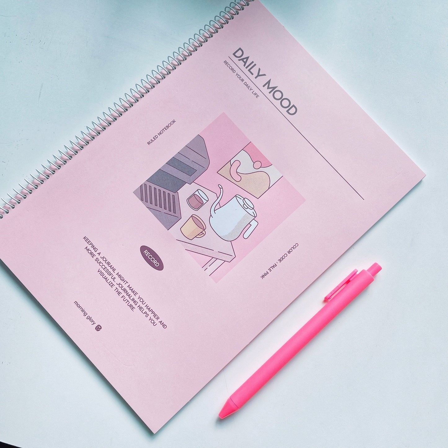 aesthetic korean spiral notebook set for school with pink pen