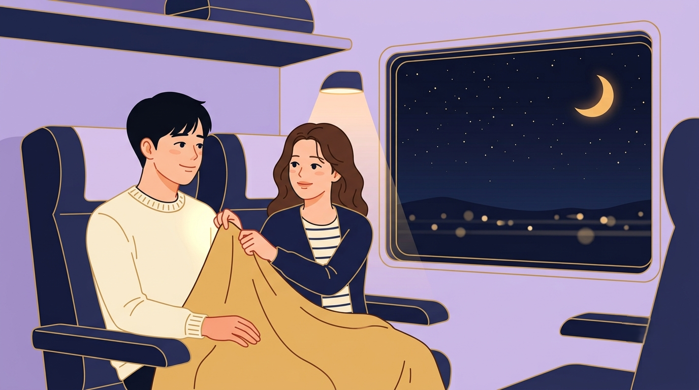담요를 나눠 덮는 옆자리 장면 일러스트