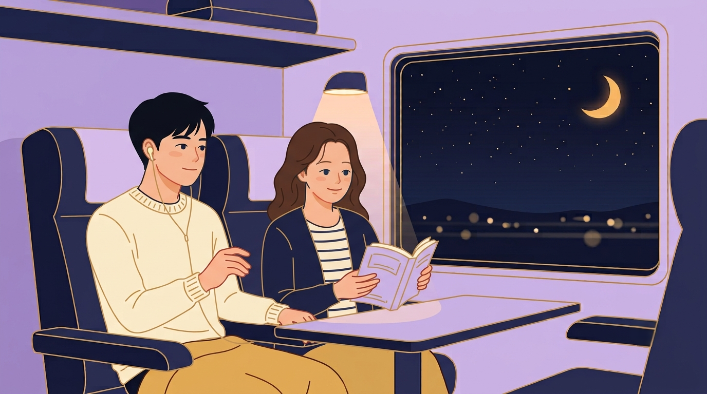 각자의 창을 보는 옆자리 장면 일러스트